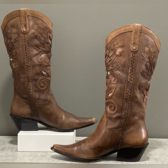 Matisse Brown Leather Floral Cut Out Embroidered Western Cowboy Boots Size 10 - Picture 3 of 15
